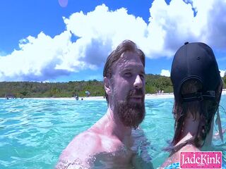 Romantic horny couple public beach underwater creampie